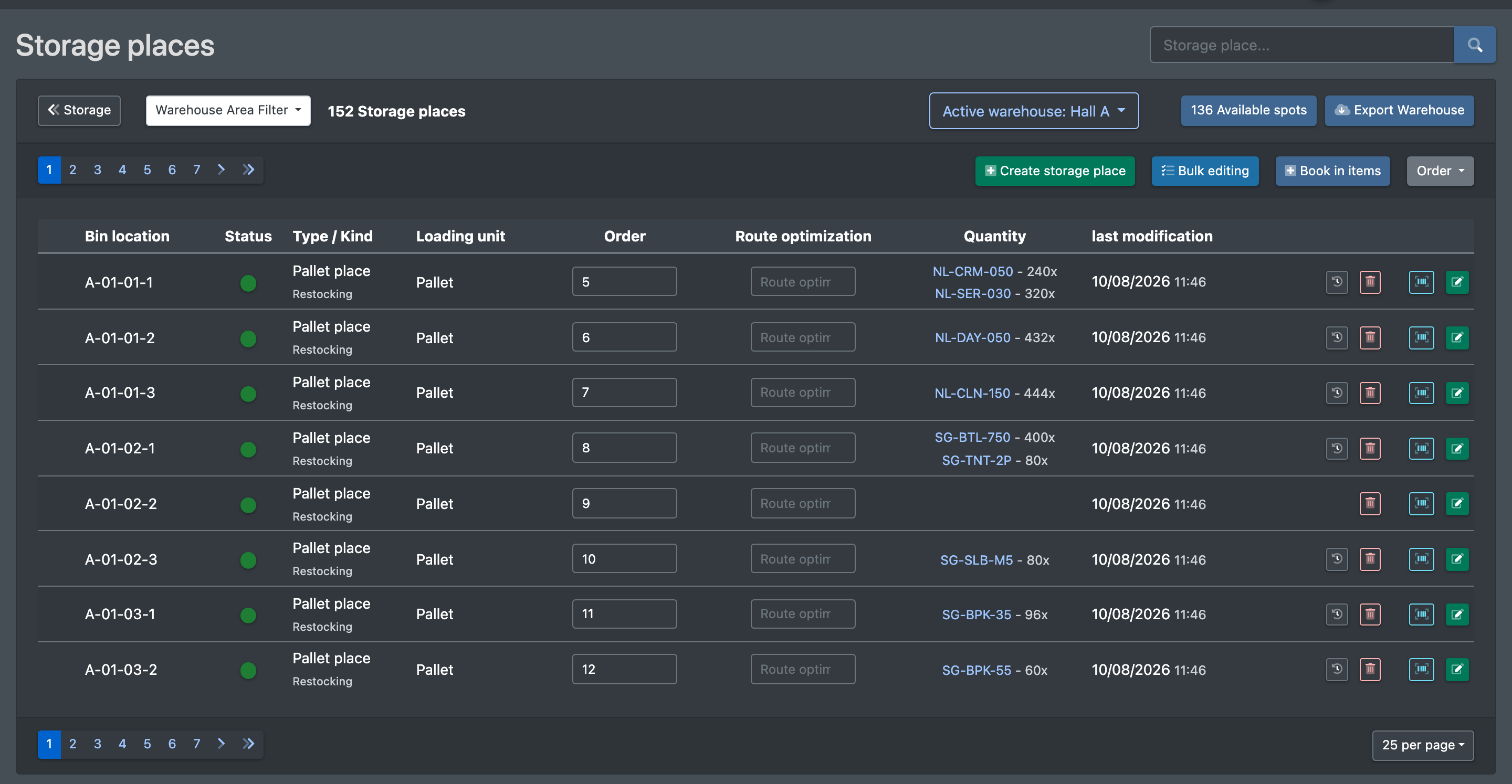 Screenshot: Storage places list with search, area filter, "Free places / All places" filter and the buttons Create storage place, Number assistant and Bulk editing