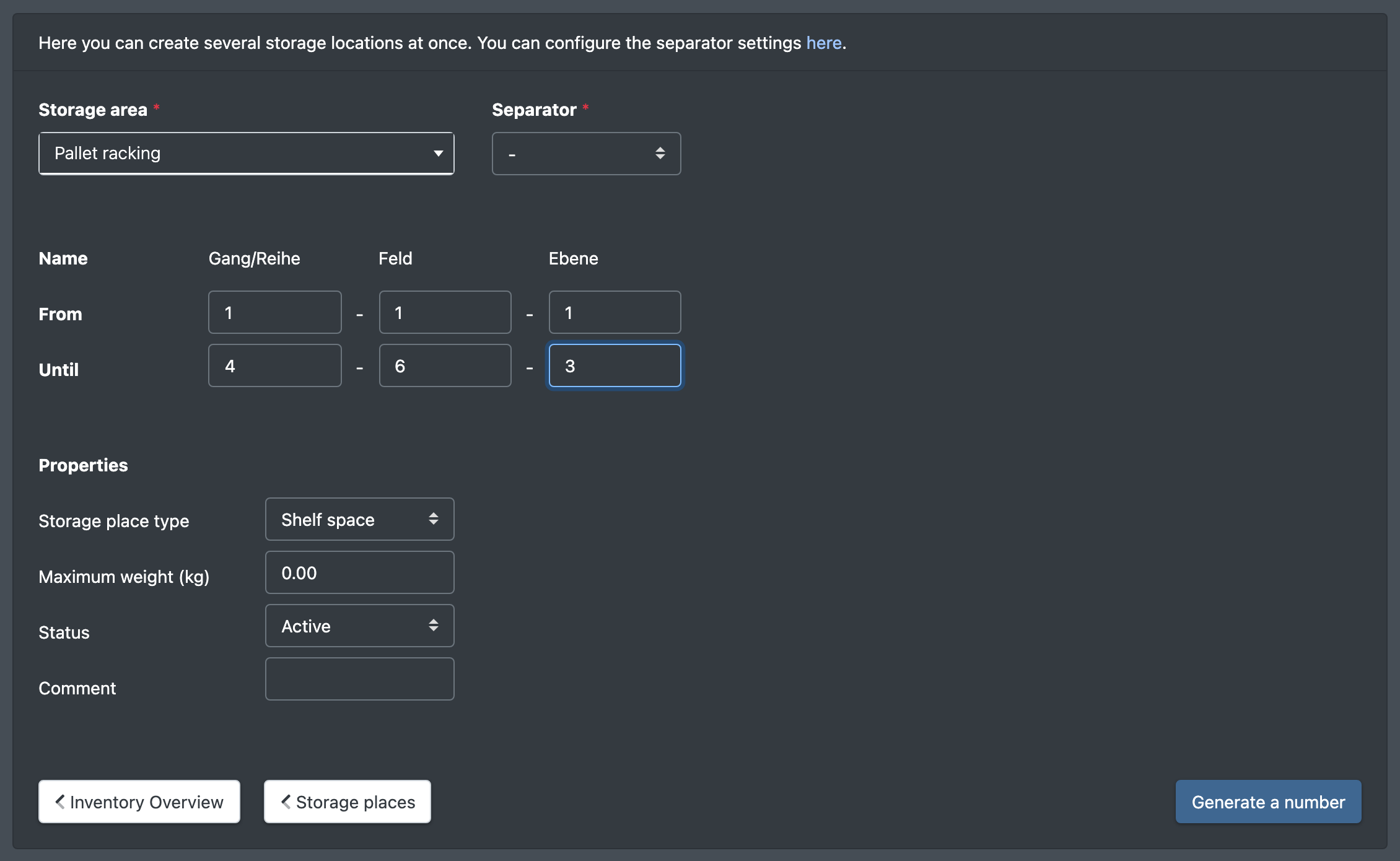 Screenshot: Number assistant with area, separator and From/To values for three segments