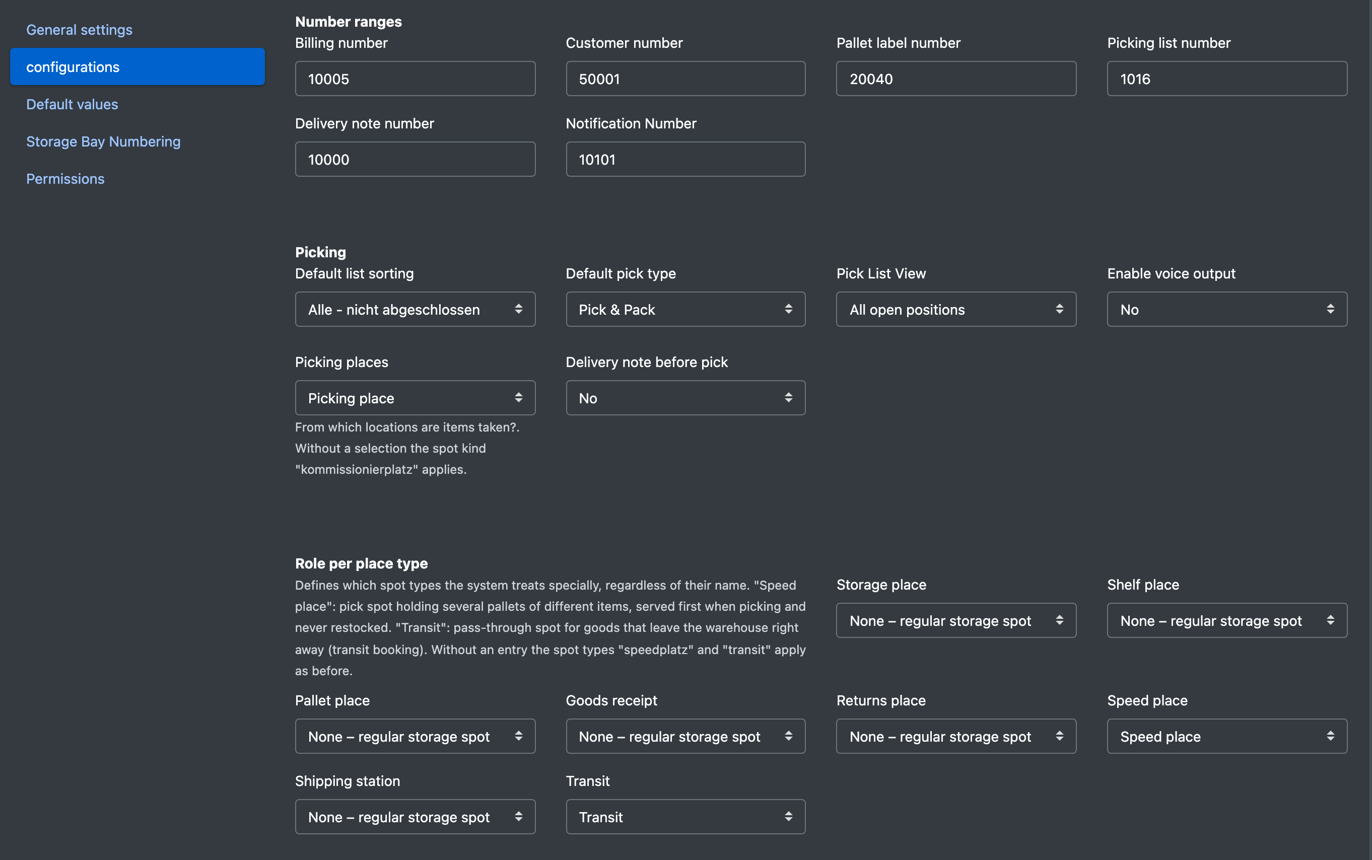 Screenshot: Tab "Configurations" showing the sections Number ranges, Picking and Role per place type