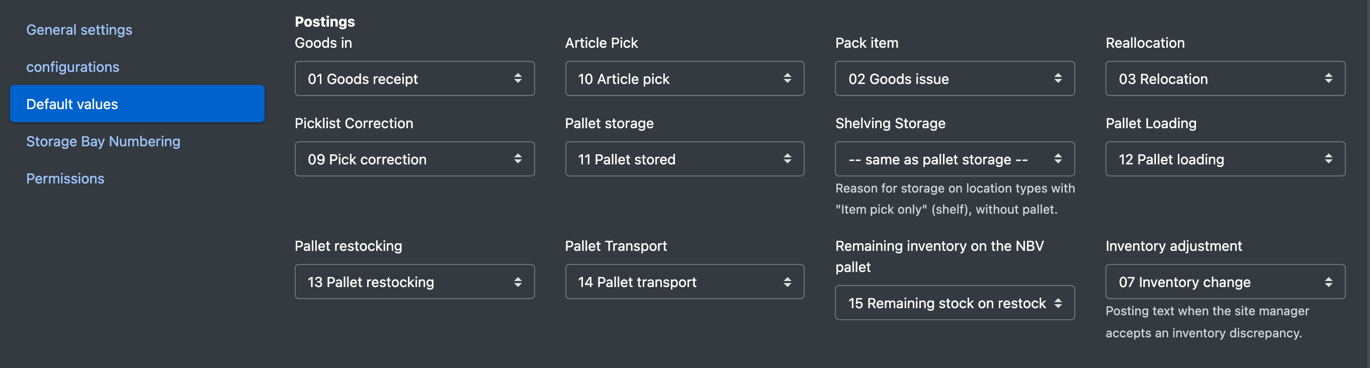 Screenshot: Tab "Default values" with one booking reason drop-down per process