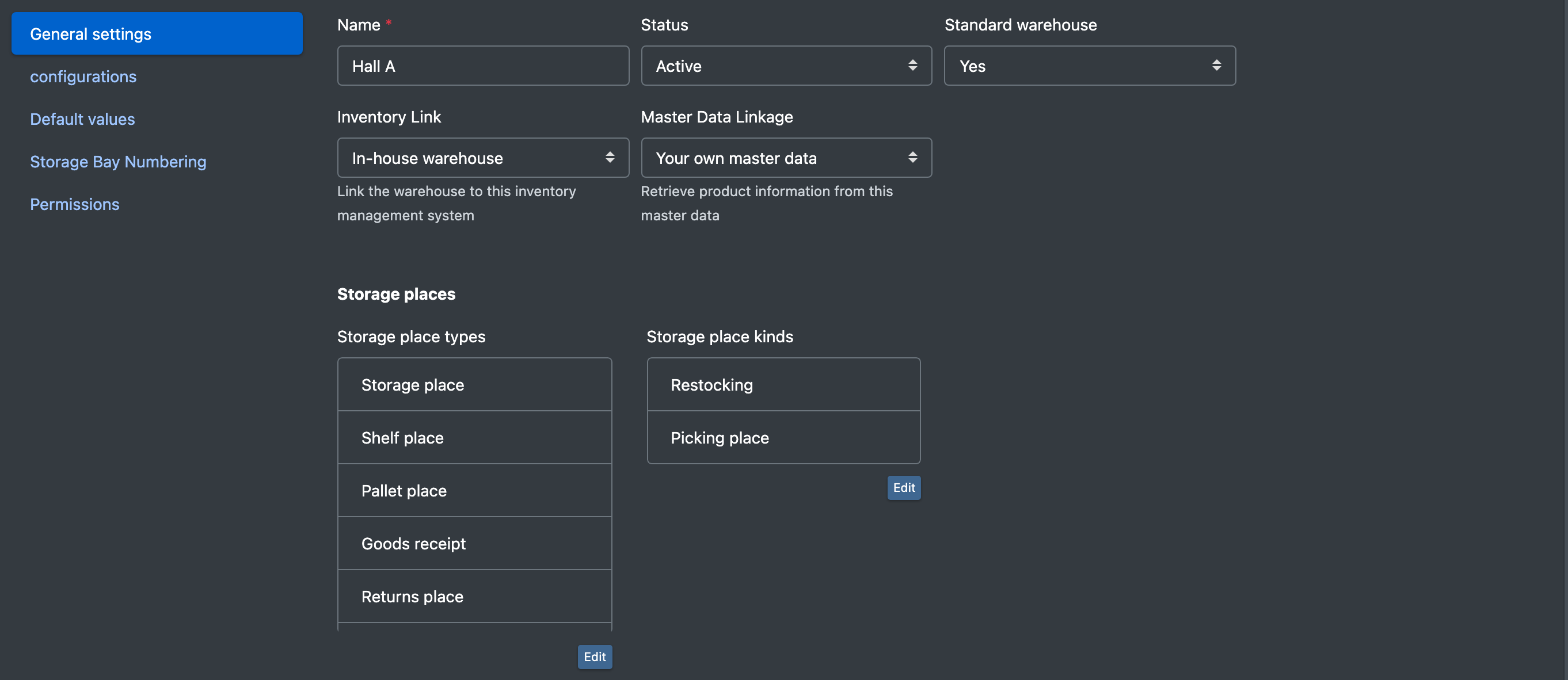 Screenshot: Tab "General settings" with the lists Storage place types and Storage place kinds and the Edit and Set default buttons