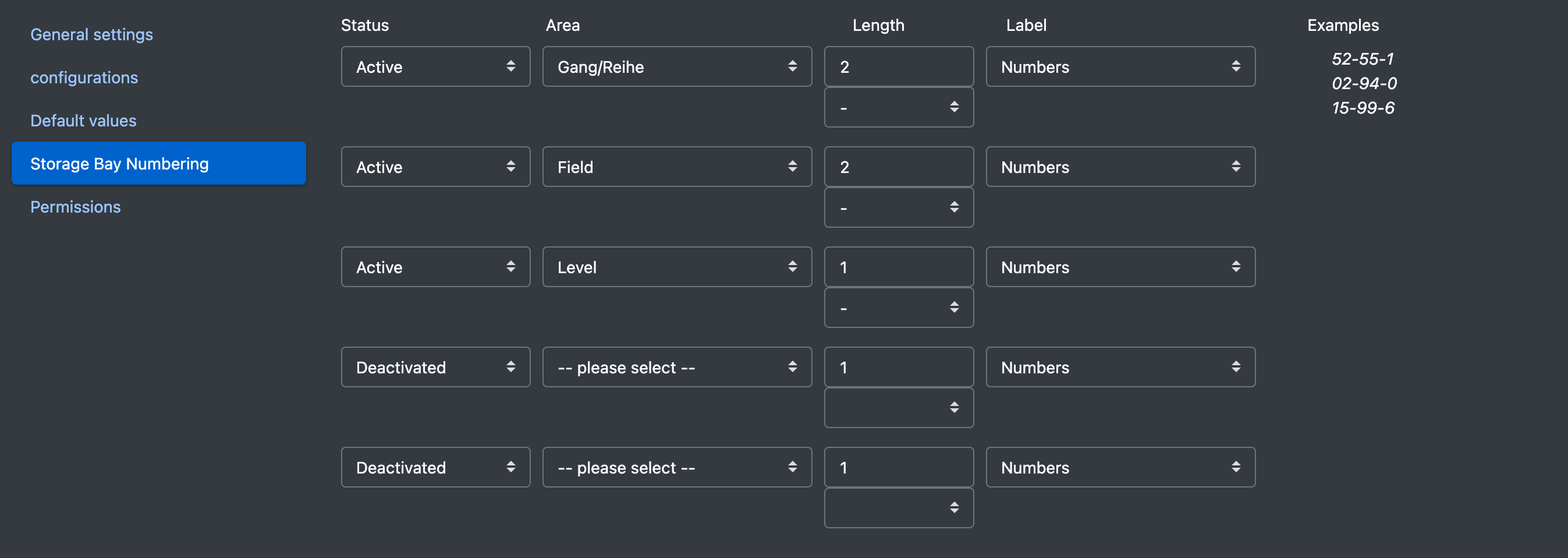 Screenshot: Tab "Storage place numbering" with three active segments and the preview of an example place number