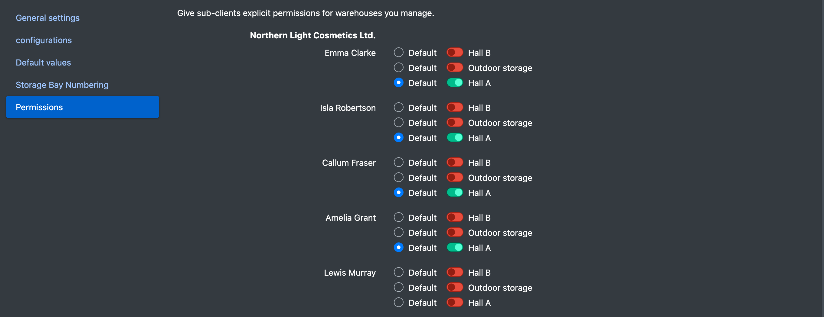Screenshot: Tab "Releases" with a client, its users and a switch plus a "Default" option per warehouse