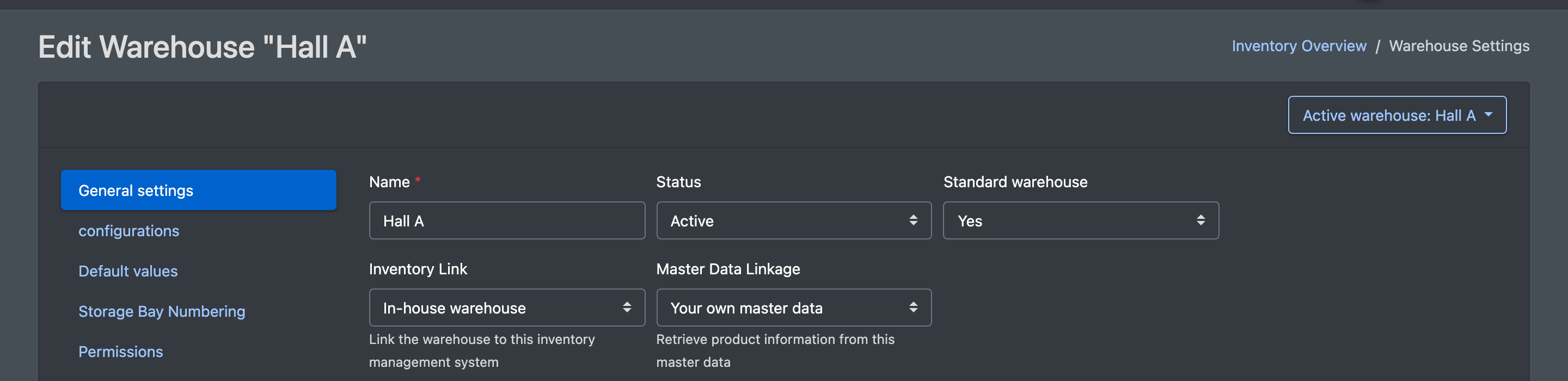 Screenshot: Page "Warehouse settings" with the five tabs General settings, Configurations, Default values, Storage place numbering and Releases