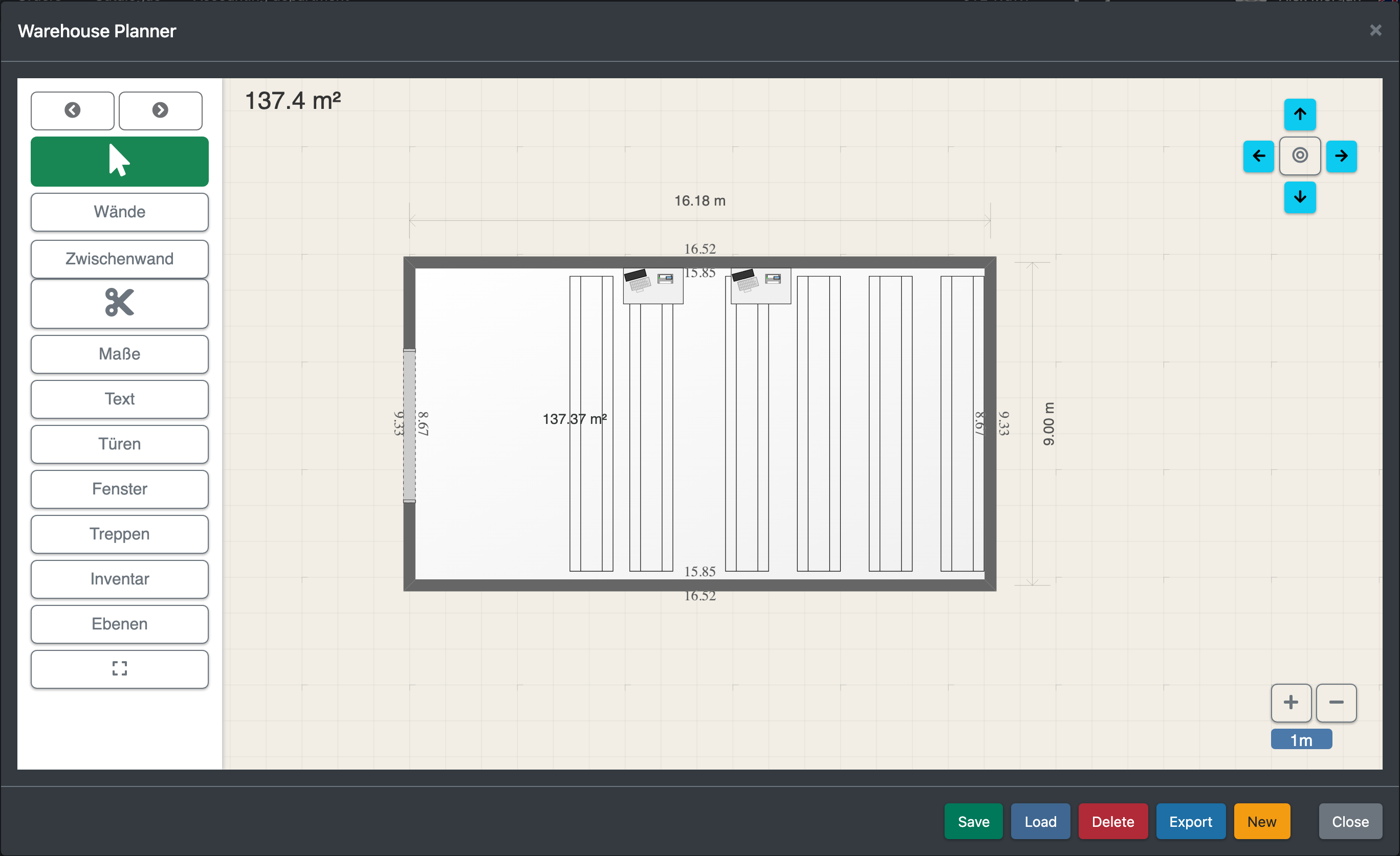 Screenshot: Warehouse planner with a hall layout and the buttons Save floor plan, Save as new floor plan and Choose layout